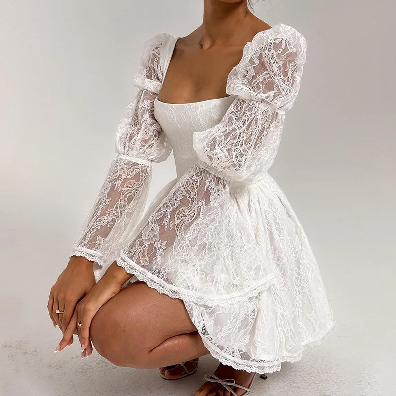 Océane Vêtements -Cezanne White Lace Puff Sleeve Mini Dress