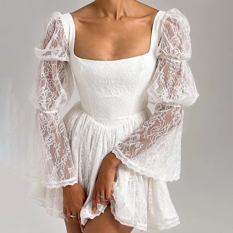 Océane Vêtements -Cezanne White Lace Puff Sleeve Mini Dress