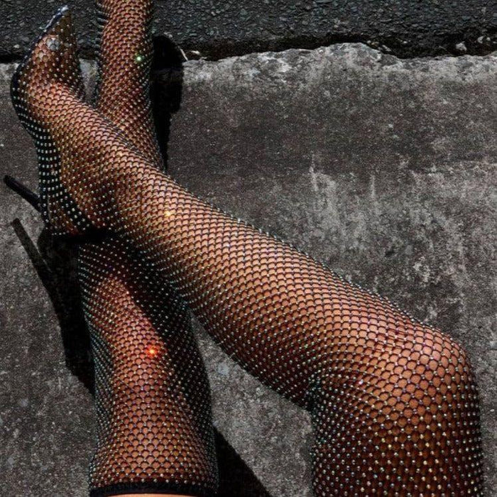 Océane Vêtements -Diamanté Crystal Over The Knee Mesh Heel Boots