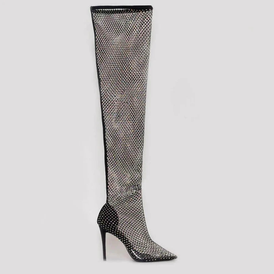 Océane Vêtements -Diamanté Crystal Over The Knee Mesh Heel Boots